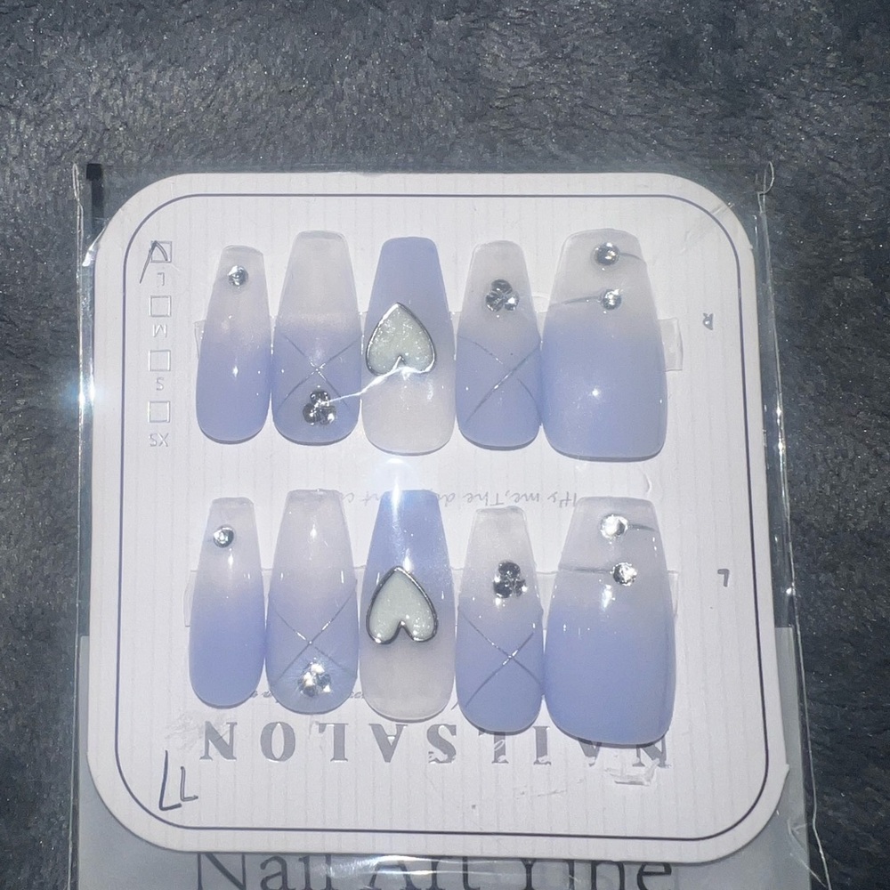 Blue and White Ombré Handmade Press-On Nails with Rhinestones Size L